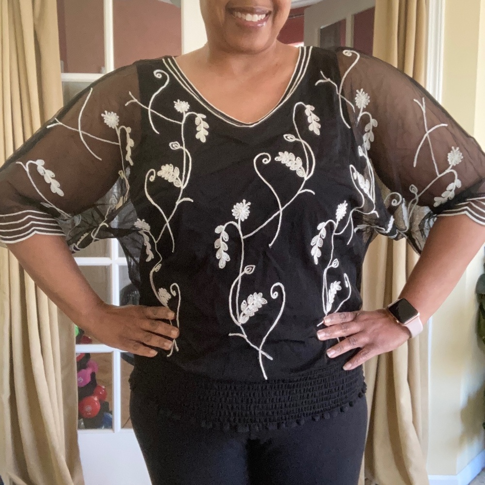 Alfani Floral Sheer Blouson Top, size L